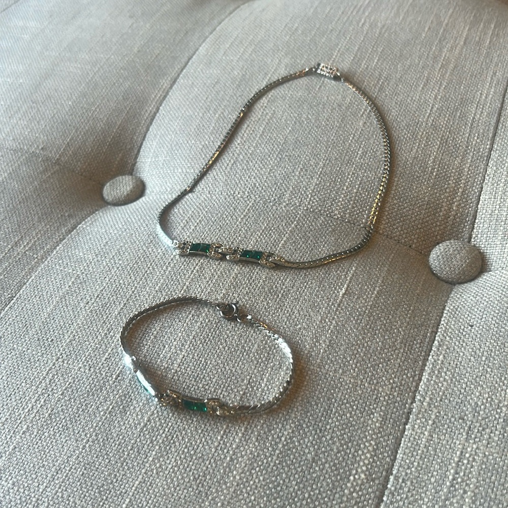 Vintage Silver Toner Faux Emerald Bracelet & Necklace Two Piece Set